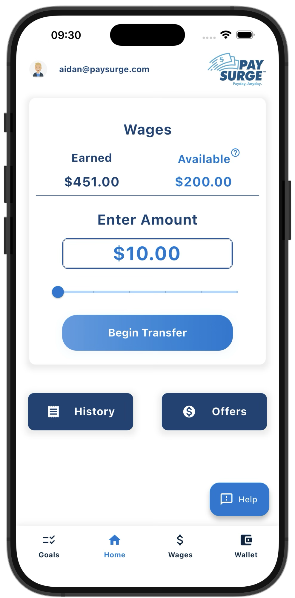 PaySurge mobile app dashboard showing earned wages balance
