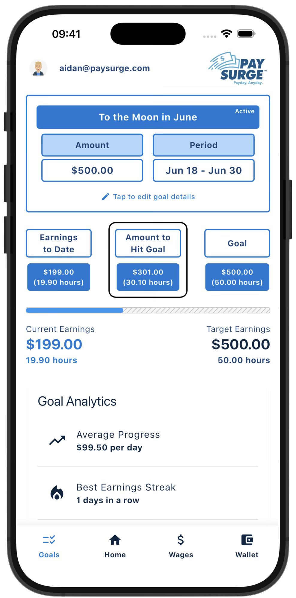 PaySurge app savings goals screen
