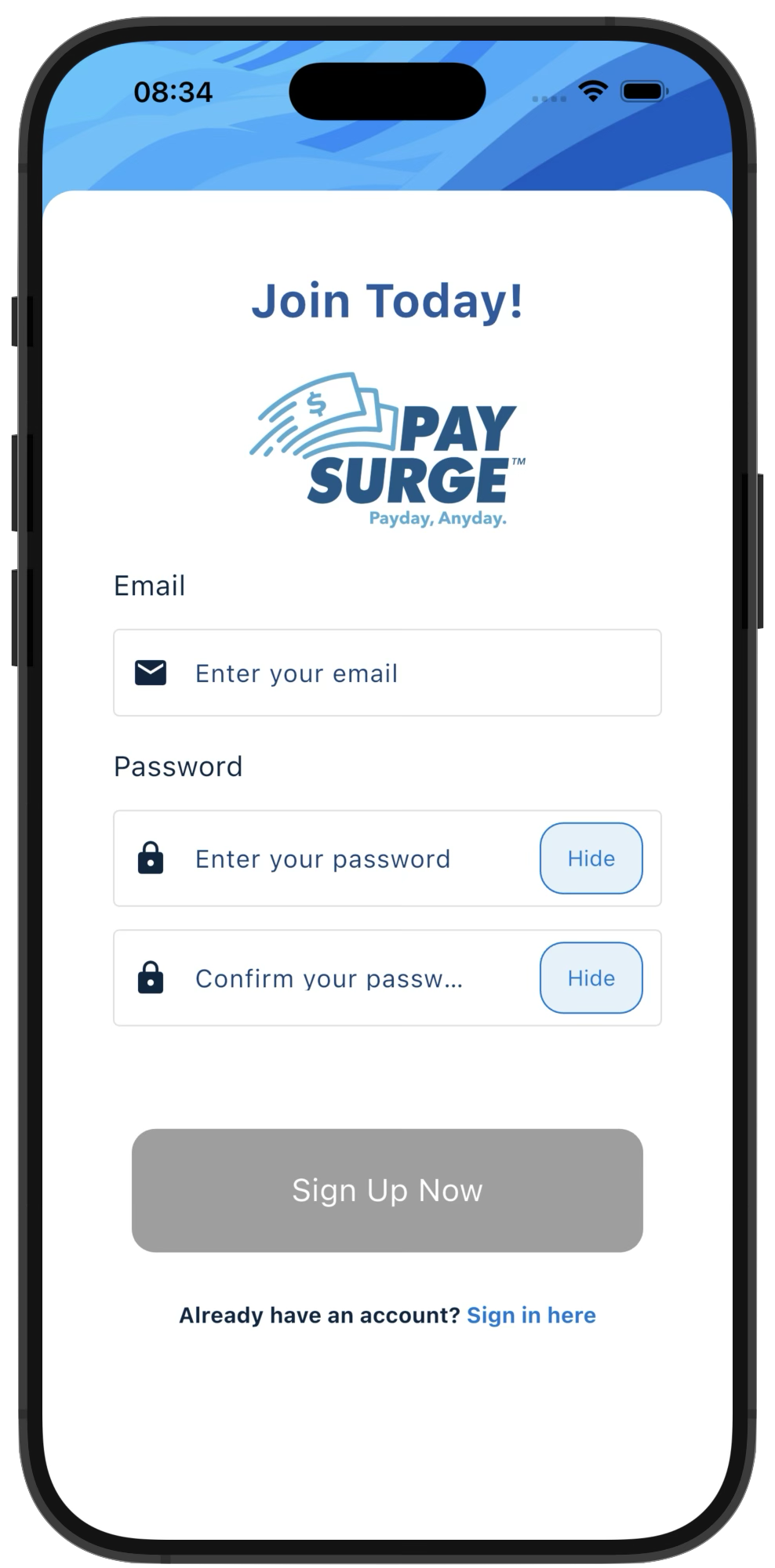 PaySurge app registration screen