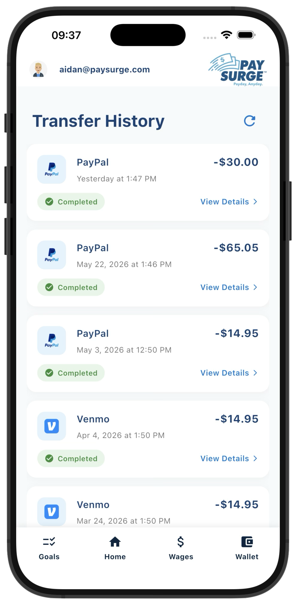 PaySurge app transfer history