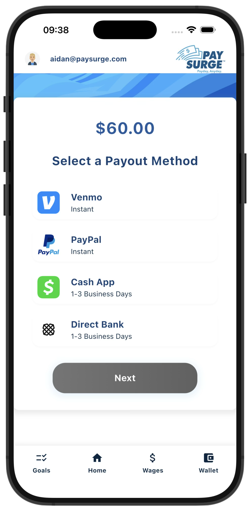 PaySurge app transfer destination options