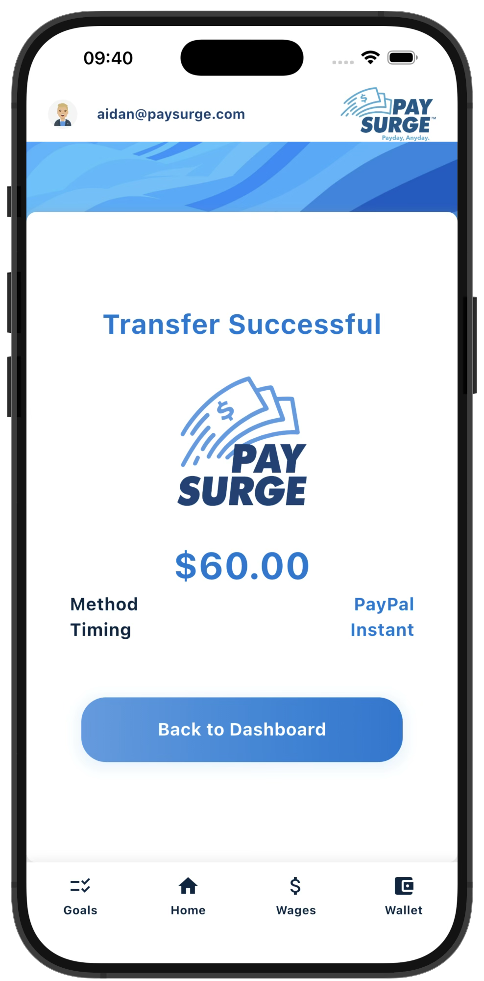 PaySurge app transfer confirmation screen