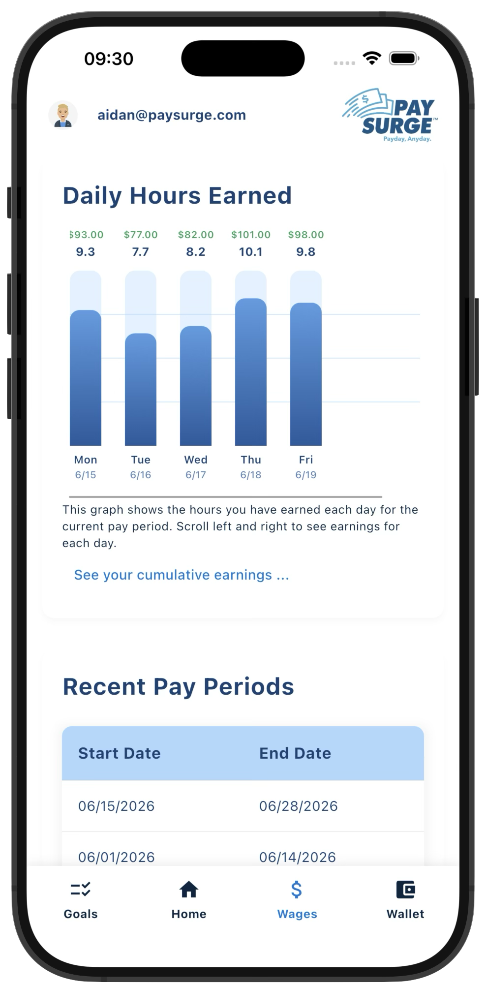 PaySurge app wages breakdown screen
